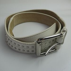 Express Genuine Leather Studded White Belt 33-38" Long Medium Silver Tone